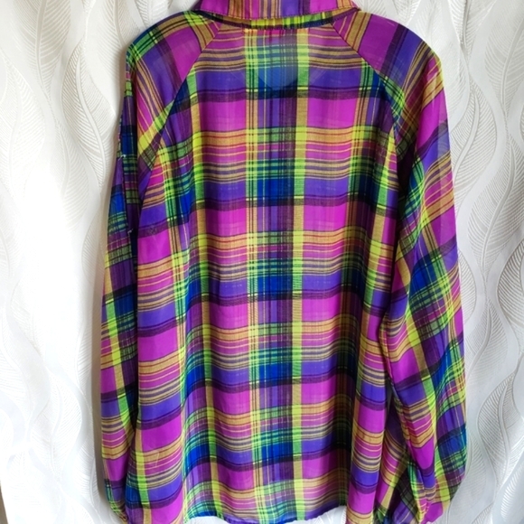 Sheer Vibrant Plaid Open Long Sleeve Cold-Shoulder Button Down - Picture 3 of 8